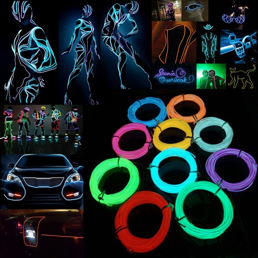 Led El Wire - LEDネオンワイヤーケーブル,自分でできるパーティーウェア,車の照明,ボールの装飾,1m/3m/5m