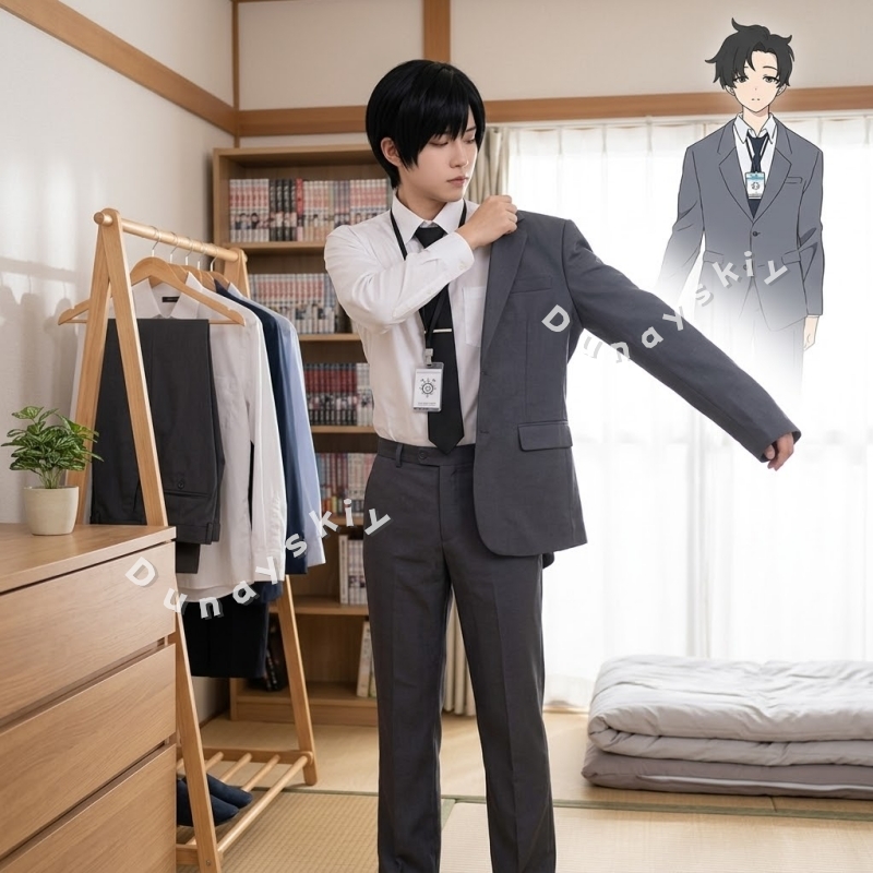 Cosplay Prop Business - 先生先生コスプレ衣装ビジネススーツフルセットIDカード付き小道具黒スーツコートパンツネクタイパーティーアニメブルーアーカイブ
