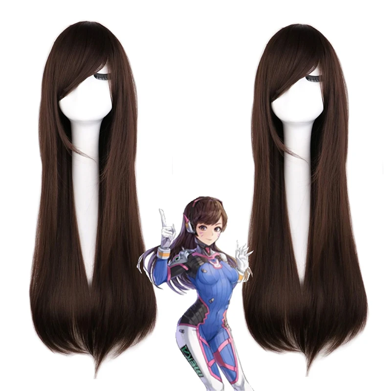 Dva Cosplay Prop - コスプレウィッグアニメゲームオーバーウォッチ DVA 人毛ブラウンブラックロングストレートヘア高温シルクマスカレードフルウィッグ