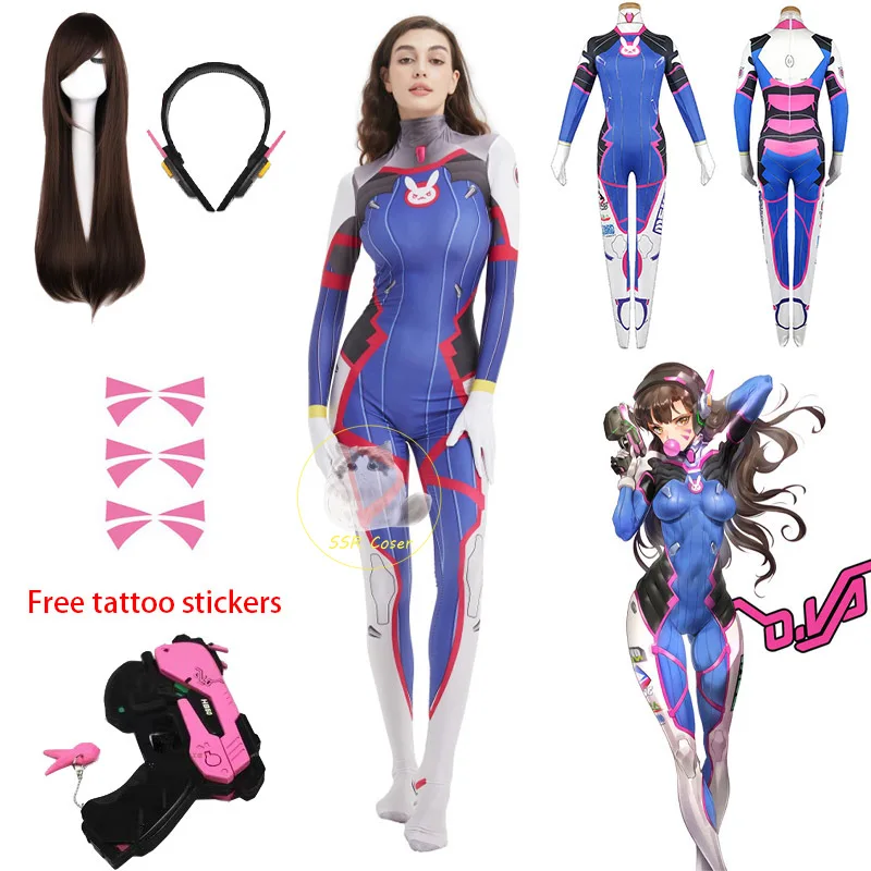 Dva Cosplay Prop - 女性のためのdvaのコスプレ衣装、ボディスーツ、ザンテ、ゲーム、大人、セクシーなジャンプスーツ、かつら、おもちゃの銃、イヤホン、ハロウィーンのパーティーの衣装、服