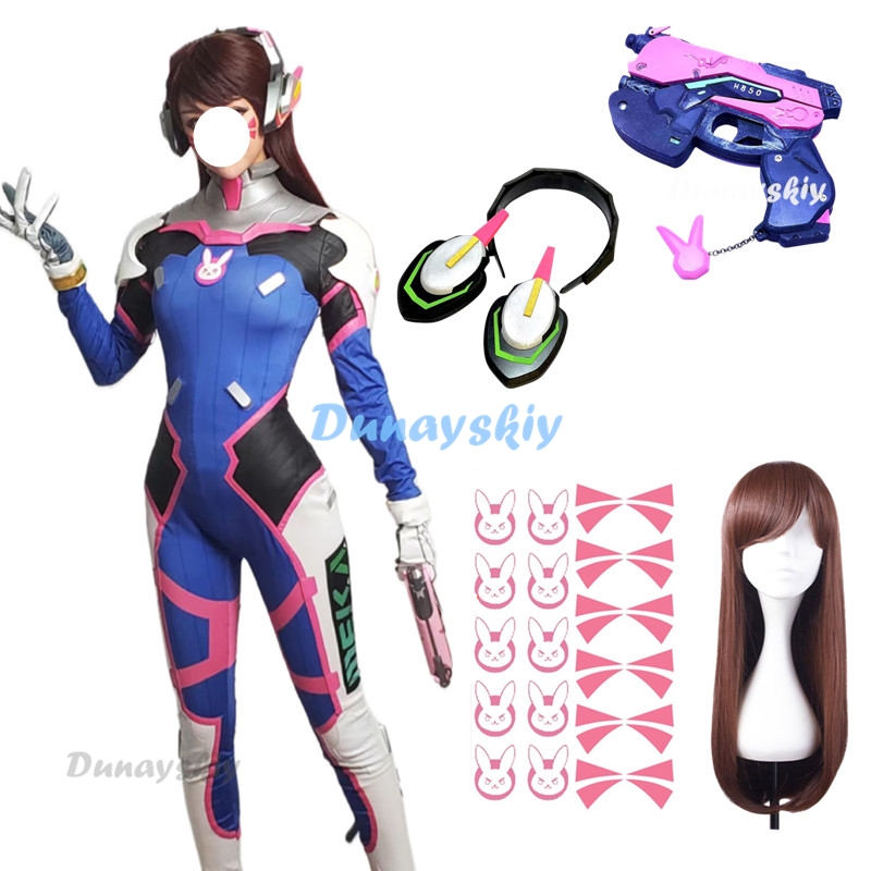 Dva Cosplay Prop - 女性用タイツdvaコスチューム,全身タイツウィッグ,ヘッドフォン,コスプレアクセサリー,ハロウィーンパーティーコスチューム